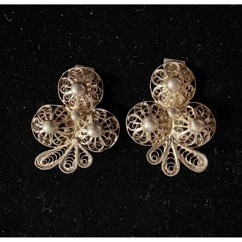 Vintage Sterling Silver Filigree Floral Clip On Earrings